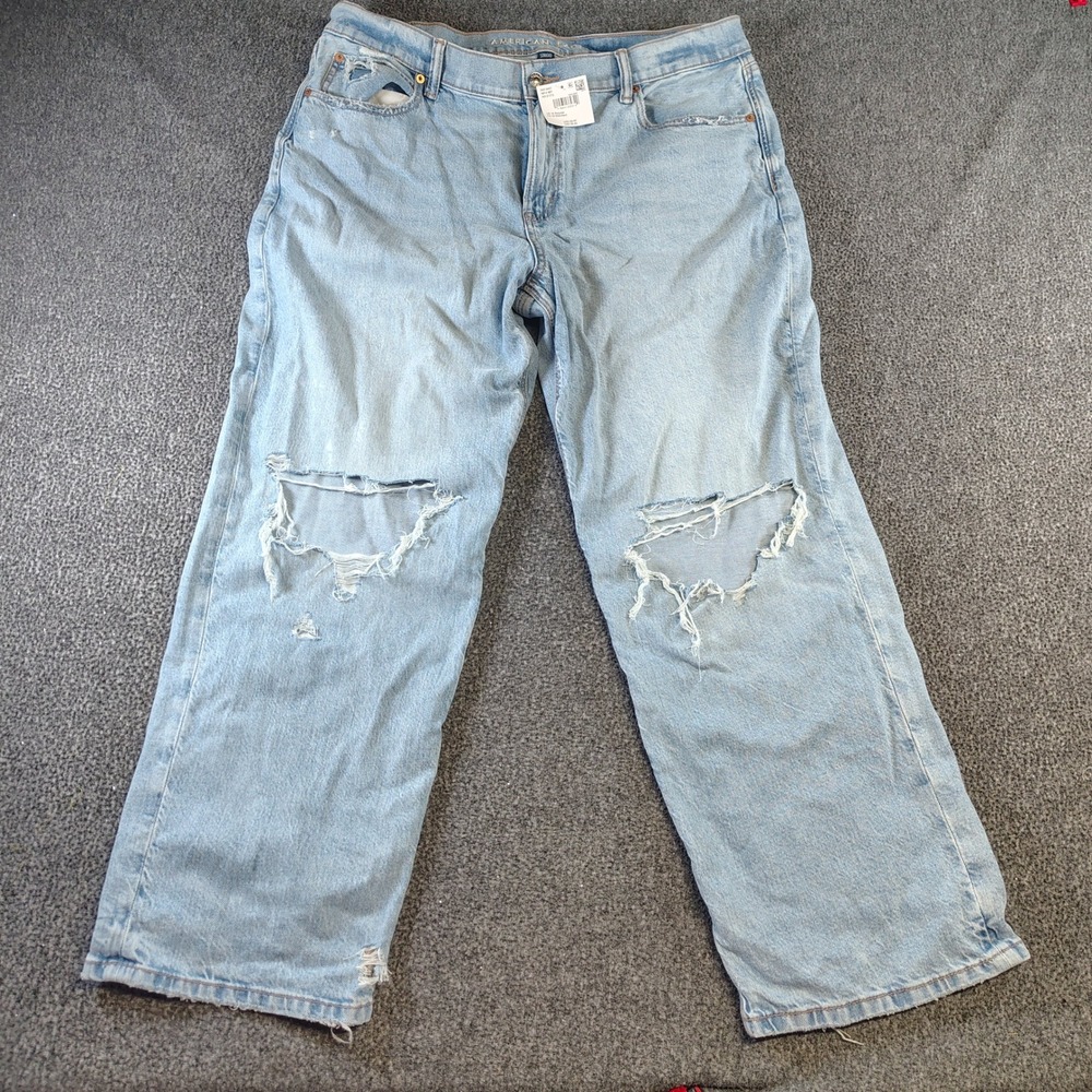 American Eagle Distressed Jeans Women 16 Blue Strigid Wide Leg Ripped Denim
